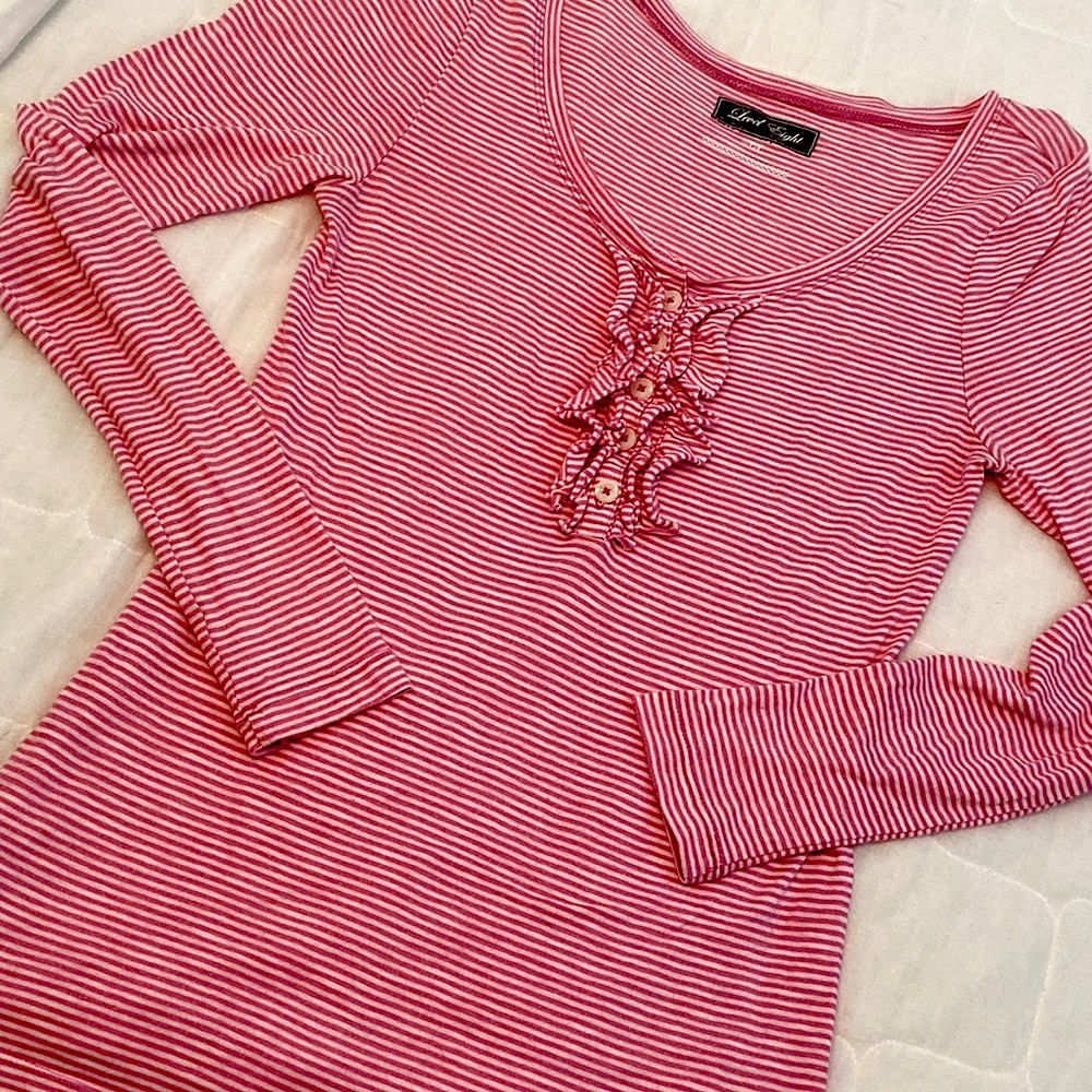 Long sleeve cotton stripe ruffle Henley scoop neck T-shirt Barbie Barbiecore - Picture 11 of 15